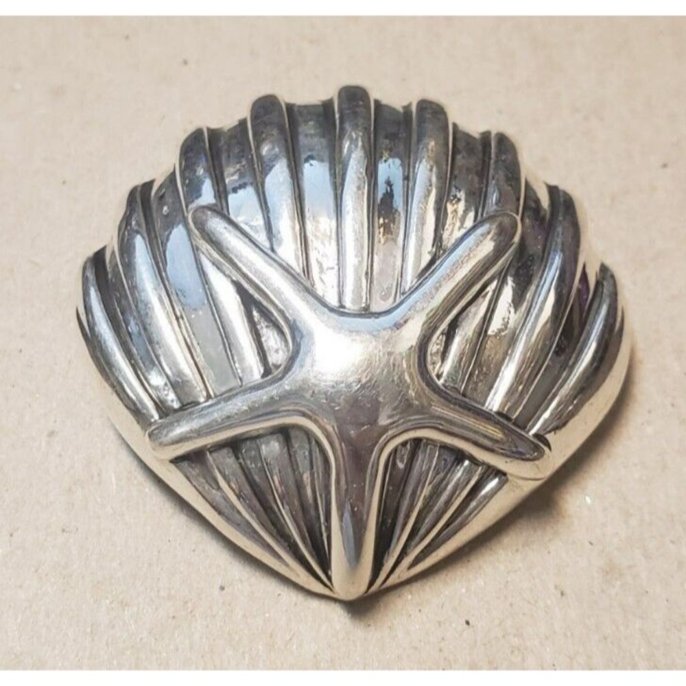 MJ Signed Vintage Starfish Shell Brooch Pendant Pin Silver Domed Beach Sea Clam